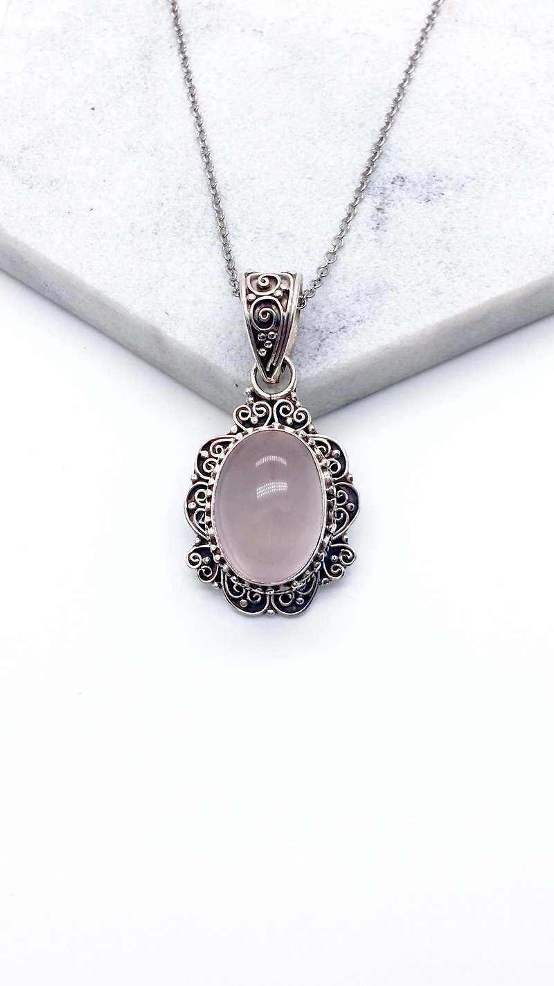粉水晶925純銀重工心形鑲邊項鍊 尼泊爾手工鑲嵌製作-款式3 - 項鍊 - 寶石 粉紅色