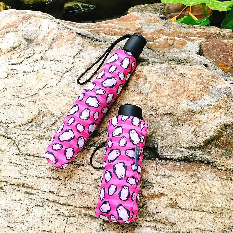 【台灣文創 Rain's talk】企鵝抗UV三折手開傘 - 雨傘/雨衣 - 防水材質 粉紅色