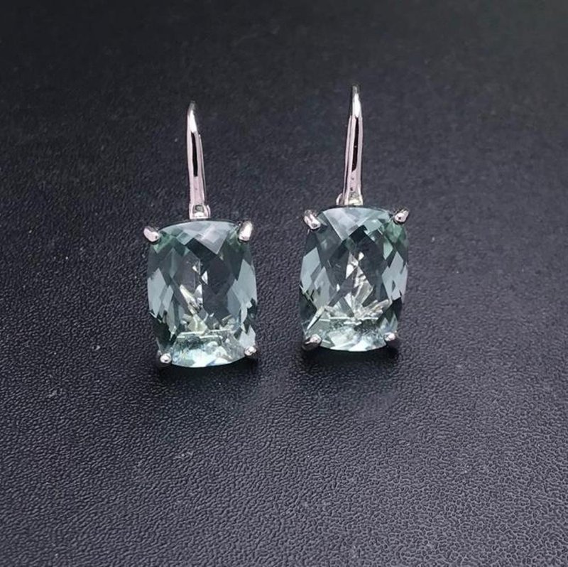 Green Amethyst Earrings, Natural Green Amethyst Drop Earrings, Cushion Cut Stone - Earrings & Clip-ons - Silver 