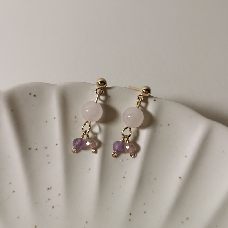 【Veverka】Following Dreams-Natural stone earrings Rose Quartz Strawberry Quartz Amethyst - Earrings & Clip-ons - Semi-Precious Stones Pink