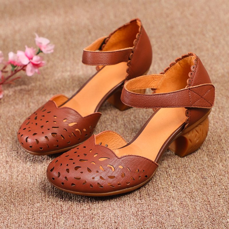 Hand-made leather hollow retro round toe wedge women's shoes with velcro single shoes brown - รองเท้าส้นสูง - หนังแท้ สีนำ้ตาล