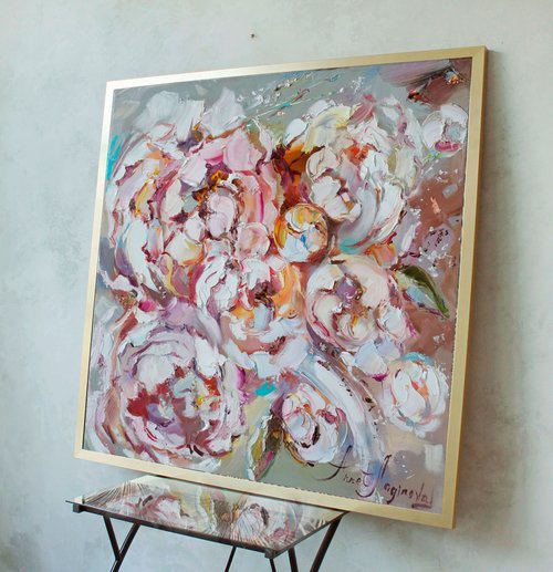 Annet Loginova 奶油牡丹 大型花卉 Giclée 帆布列印畫。