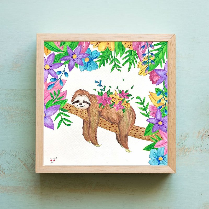 Original Painting // Sloth and Flowers // I made it - Posters - Paper Multicolor