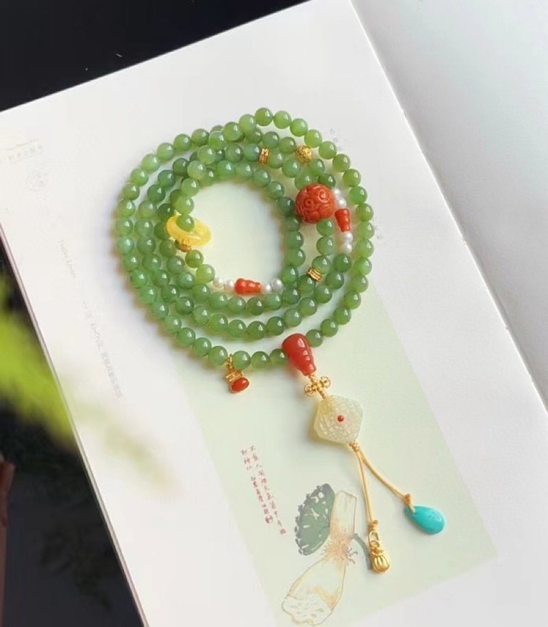 Natural Hetian Jasper 108 Beads Bracelet Necklace Dual-Purpose Jasper Buddhist Beads Bracelet Necklace - สร้อยข้อมือ - หยก 