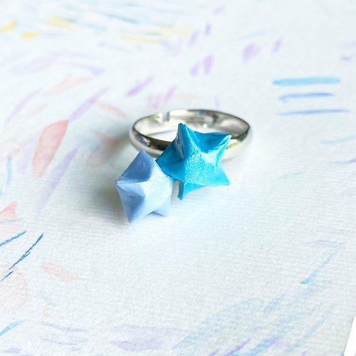 paper diamond® 雙星戒指 立體幸運星活動戒指 | 海藍+粉藍