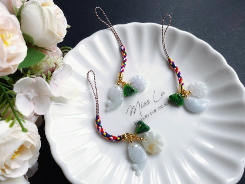 天然緬甸玉翡翠 魚 八卦 平安開運 祈福好運 五色線 禮物 玉 - 手機掛繩/背帶 - 玉石 綠色