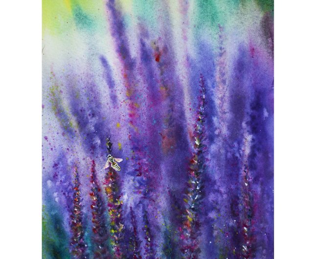 紫色の水彩画の花の絵画紫の牧草地の野生の花のオリジナルの壁アート