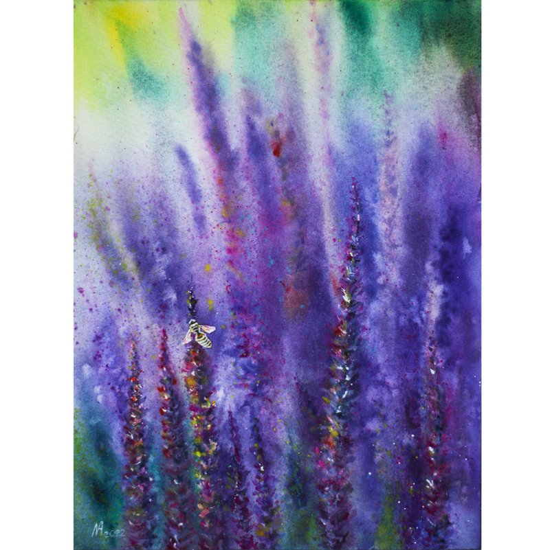 Purple watercolor flowers painting Violet meadow wildflowers original wall art - 海報/掛畫/掛布 - 紙 多色
