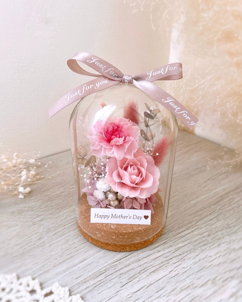 永生康乃馨玻璃盅-薔薇粉 l 日本不凋康乃馨 附贈透明提盒 - 乾燥花/永生花 - 植物．花 粉紅色