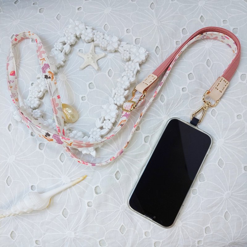 Three-in-one multi-functional rose pink illustration wind Korean cotton mobile phone oblique strap / oblique strap / back rope / - Lanyards & Straps - Cotton & Hemp Pink