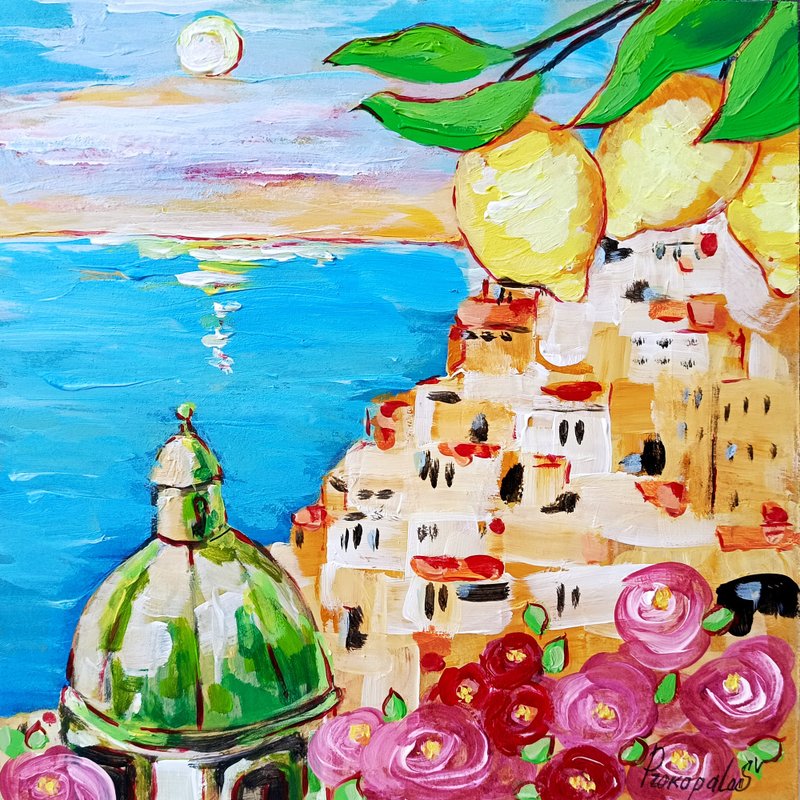 Italy Painting Positano Fruit Original Art Amalfi 10x10 Coast Impasto Art - Wall Décor - Other Materials Blue