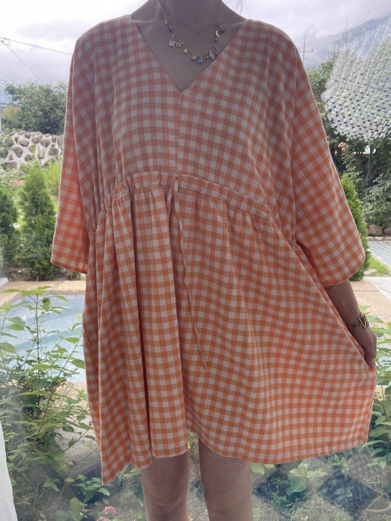 Mini Poncho Dress - Orange Gingham - 洋裝/連身裙 - 棉．麻 橘色