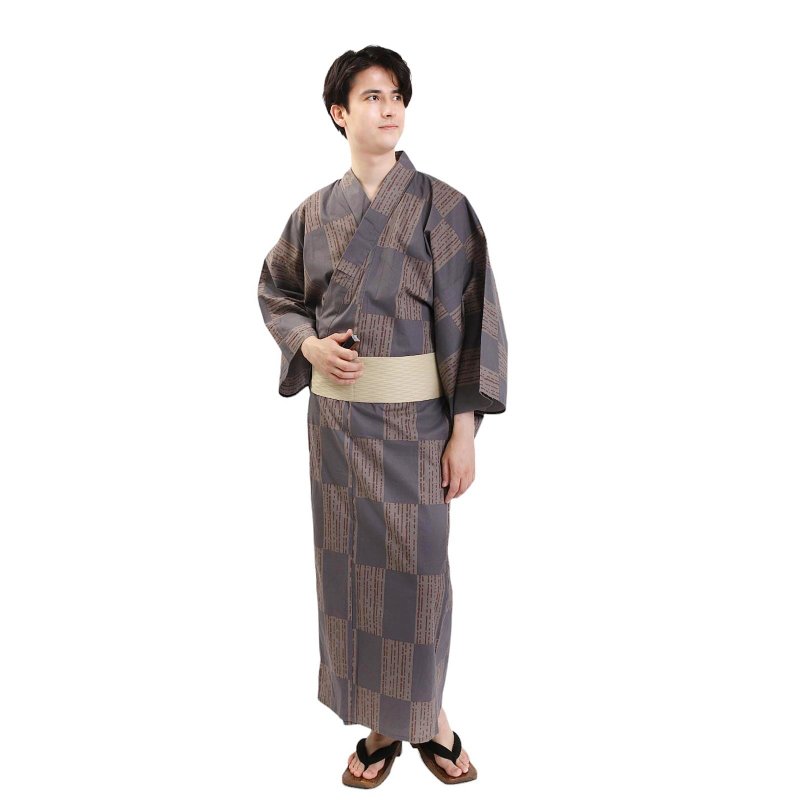 日本 和服 男 綿 浴衣 腰封 2 件 套組 L Z35-d3 yukata - 其他 - 棉．麻 咖啡色