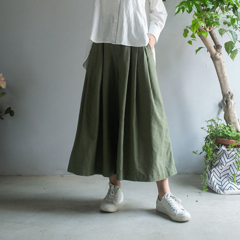 棉麻折線寬鬆闊腿褲  綠 咖 黑 M L XL - 女長褲 - 棉．麻 綠色