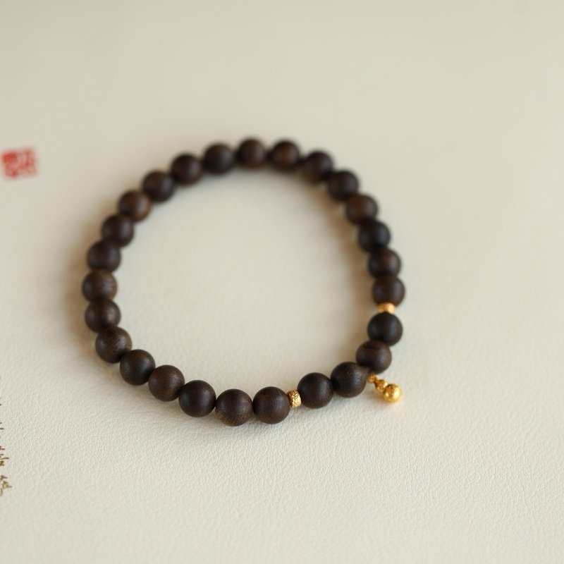 7mm natural agarwood beads agarwood beads 18K gold accessories design single circle bracelet s - Bracelets - Wood Brown