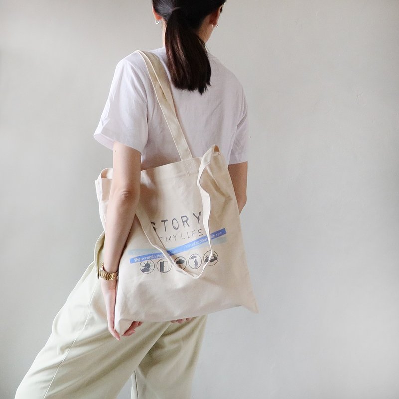 My story canvas handprint tote bag - กระเป๋าแมสเซนเจอร์ - ผ้าฝ้าย/ผ้าลินิน สีน้ำเงิน