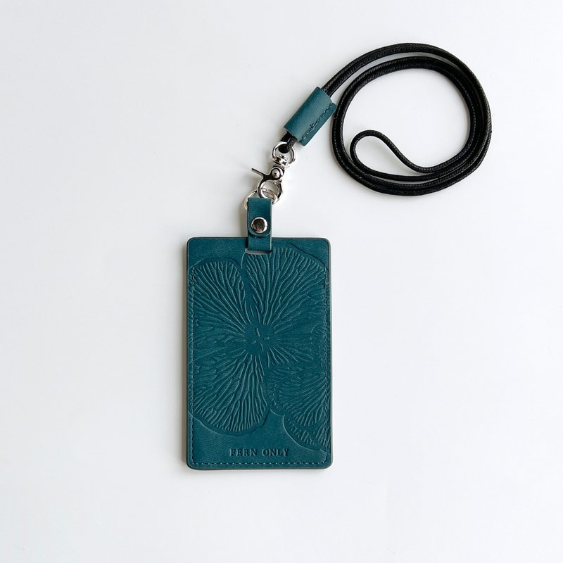 Fern Pattern Leather Card Holder / Lanyard - Marsilea minuta Linn. - ที่ใส่บัตรคล้องคอ - หนังแท้ สีน้ำเงิน