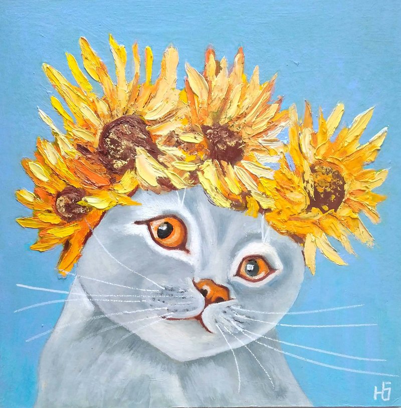 Cat Oil Painting Sunflowers Original Art Pet Portrait 手工油畫, 油畫原作 - Posters - Other Materials Multicolor