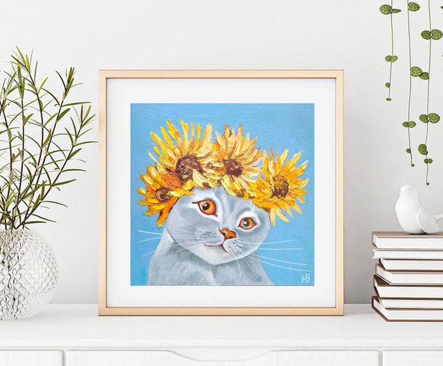 猫の油絵 ひまわり オリジナル アート ペット ポートレート 手工