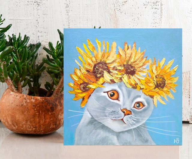 猫の油絵 ひまわり オリジナル アート ペット ポートレート 手工