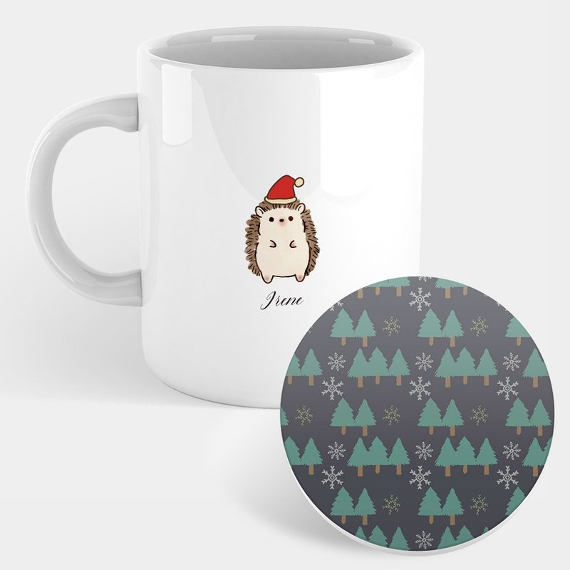 【聖誕禮物推薦】 聖誕帽刺蝟 聖誕樹 馬克杯 杯墊 PU025 - 咖啡杯/馬克杯 - 瓷 卡其色