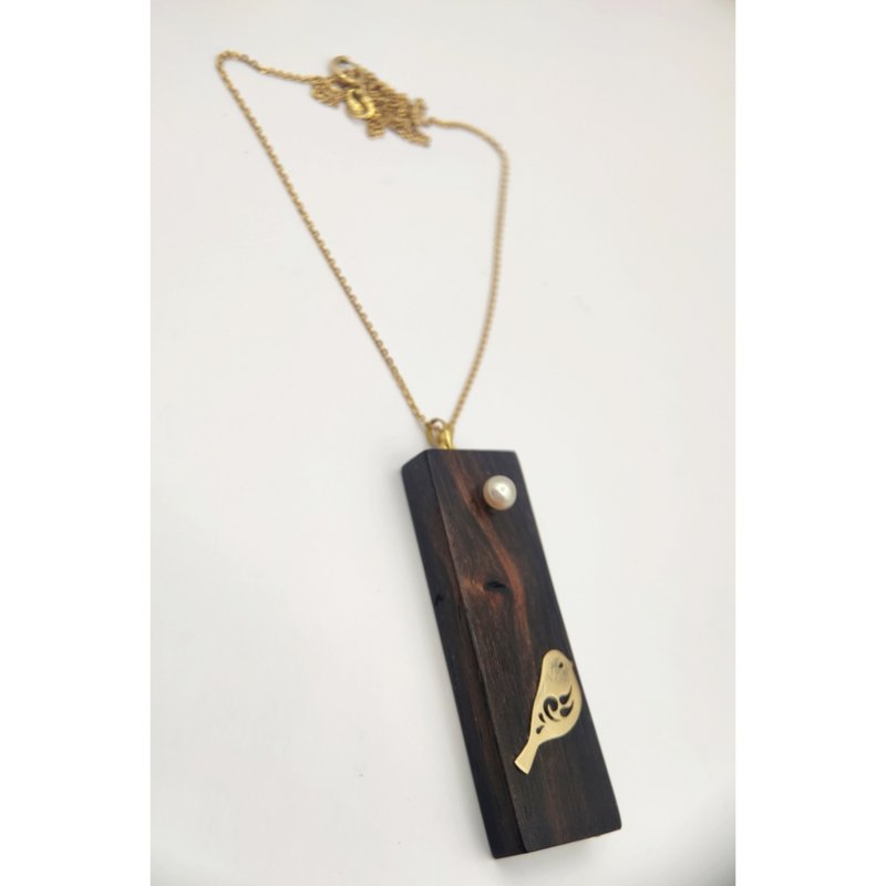 Wooden handmade pendant. with 18k gold bird and pearl. Necklace. Macassar Ebony - สร้อยคอ - ไม้ 