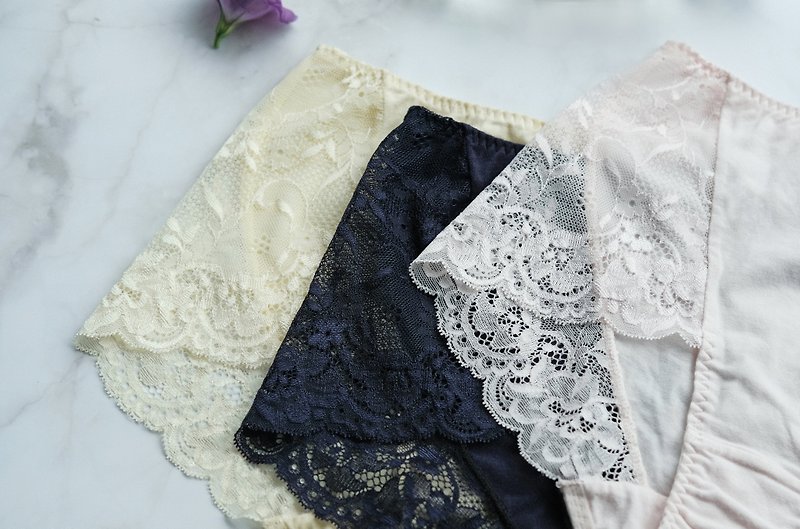 [Handmade inner wear] Heart blossoms・High-waisted French lace pants・Made in Taiwan - Women's Underwear - Cotton & Hemp Pink
