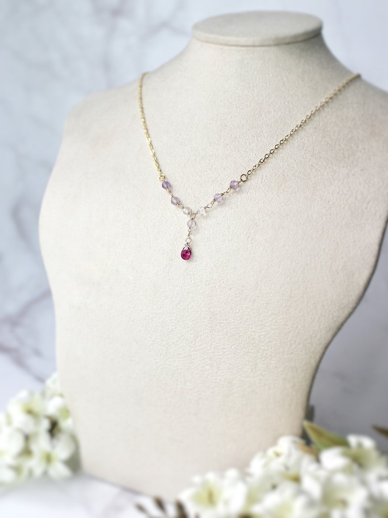 Elegant purple tourmaline gold necklace 41.5CM extension chain 5CM - Necklaces - Semi-Precious Stones Red
