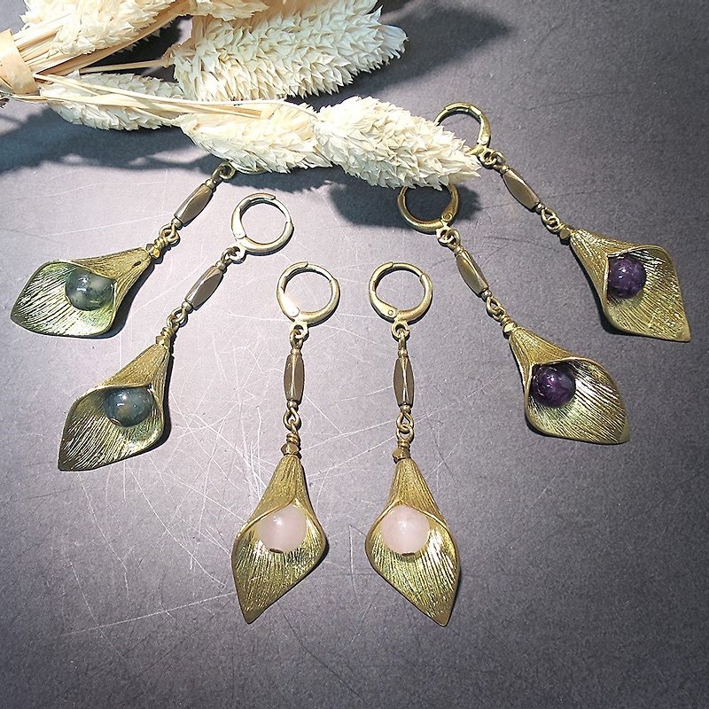 VIIART。葉間。紫水晶粉晶瑪瑙黃銅復古風耳環-可改夾式 - 耳環/耳夾 - 銅/黃銅 綠色