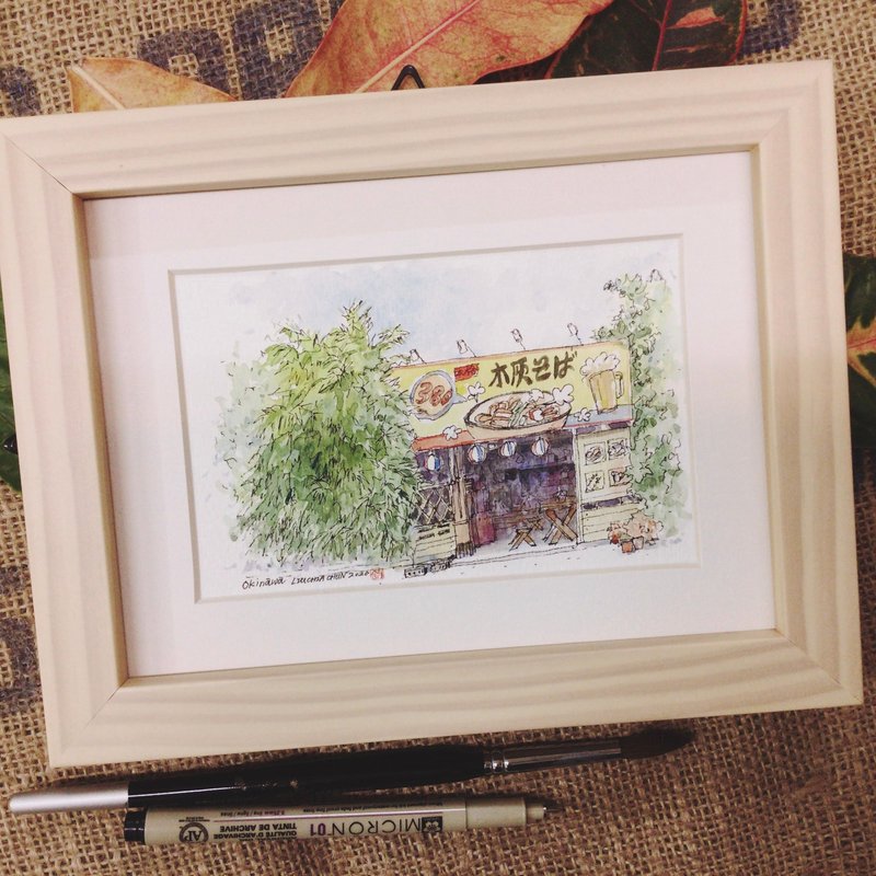 沖繩小店家/水彩手繪原作/含框 - 海報/掛畫/掛布 - 紙 咖啡色