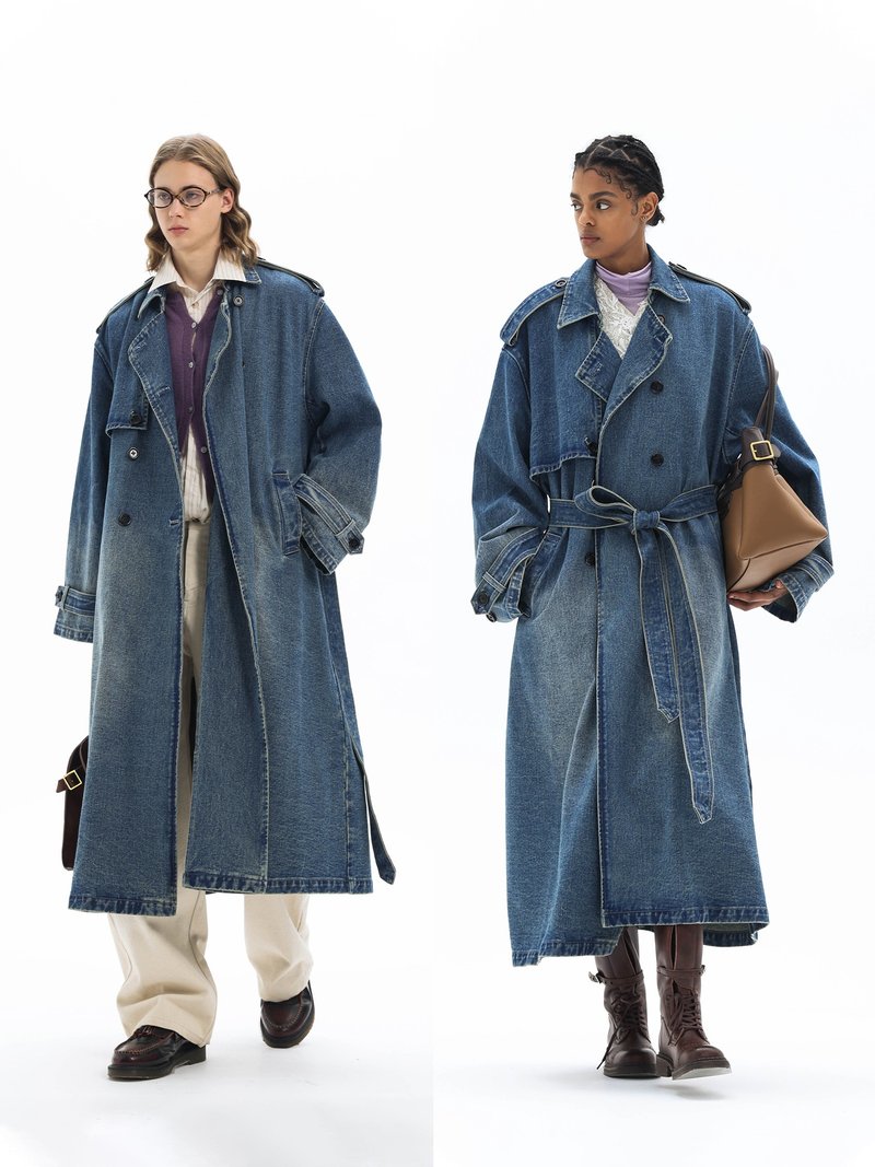 [Distressed Washed] Vintage Double-Breasted Denim Long Trench Coat Unvesno (UN) - เสื้อโค้ทผู้ชาย - วัสดุอื่นๆ 