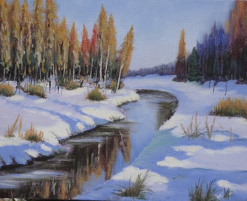 AngelicaFineArtTR Impressionist Winter Oil Painting Original Winter Snow Forest 26 x 21 cm
