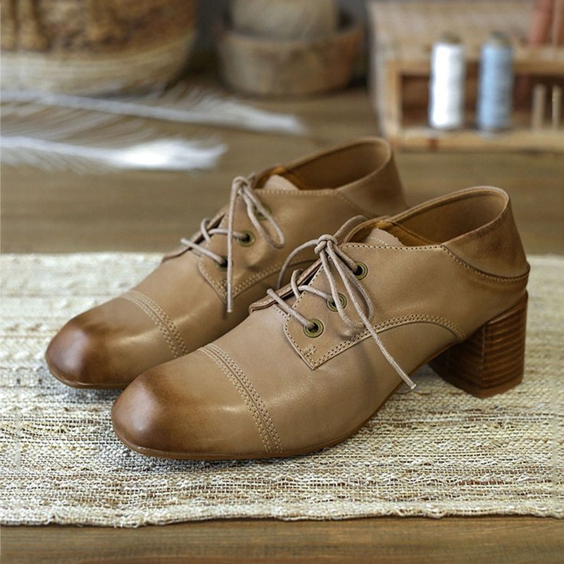 Small leather shoes square toe straps retro women's shoes - รองเท้าหนังผู้หญิง - หนังแท้ สีกากี