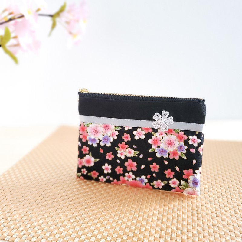 Gorgeous cherry blossom flat pouch - Toiletry Bags & Pouches - Cotton & Hemp Black