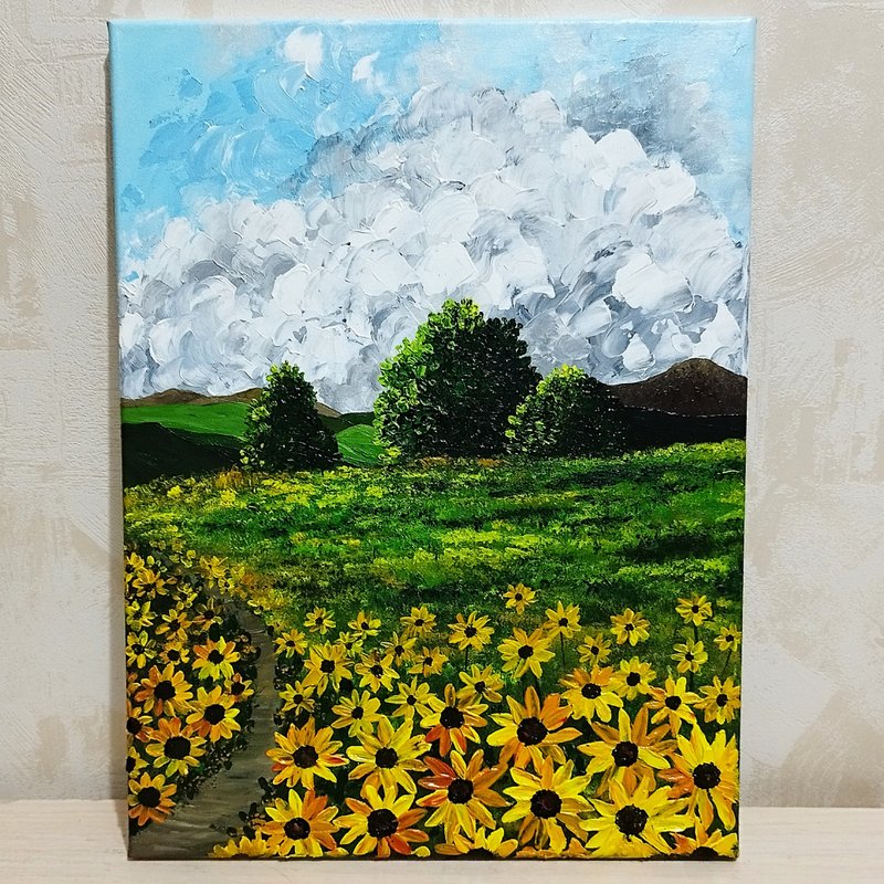 Landscape painting Sunflowers field acrylic art flowers painting wall decoration - Wall Décor - Acrylic Multicolor