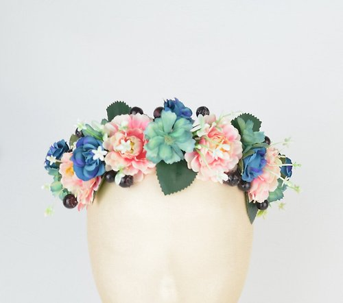Elle Santos Headpiece Crown in Blue & Pink with Silk Flower Roses and Dark Deep Red Berries