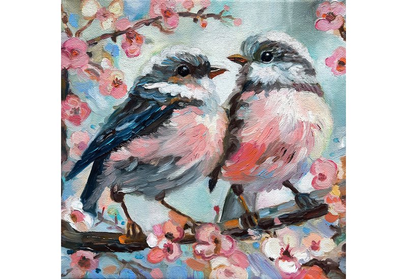 Small Birds Painting Original Art Small Impasto Oil Painting on Canvas - 壁貼/牆壁裝飾 - 其他材質 粉紅色