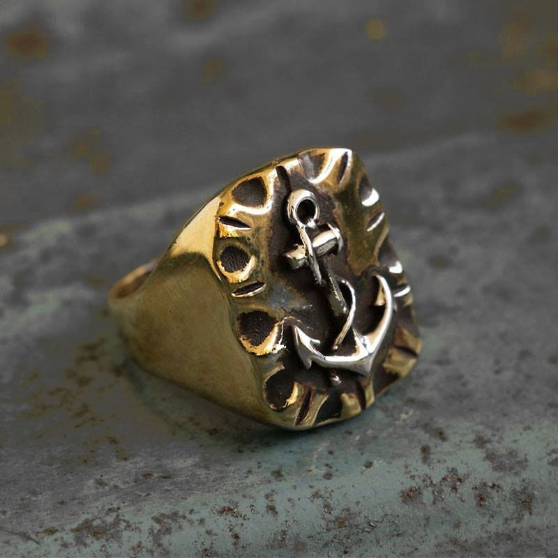 Mexican Biker Ring Skull silver Vintage brass anchor Navy world war sailor men - General Rings - Other Metals Gold