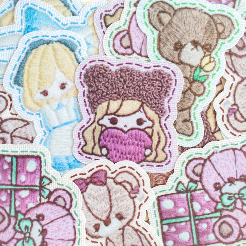 フレークシール - くまと女の子の刺繍イラスト No.2 - 貼紙 - 紙 粉紅色