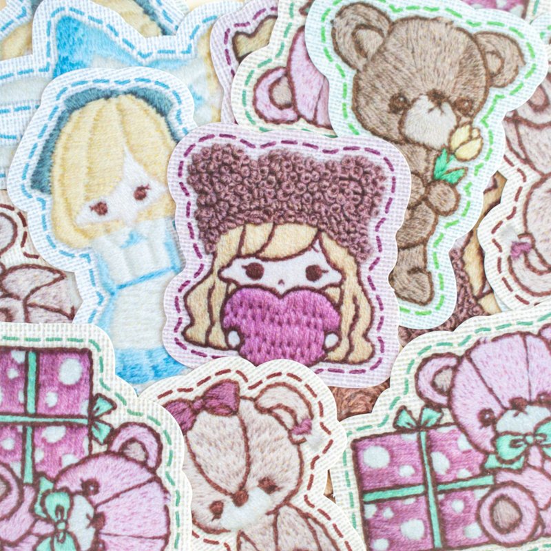 Sticker flakes - Bear and Girl embroidery Illustration No.2 - สติกเกอร์ - กระดาษ สึชมพู