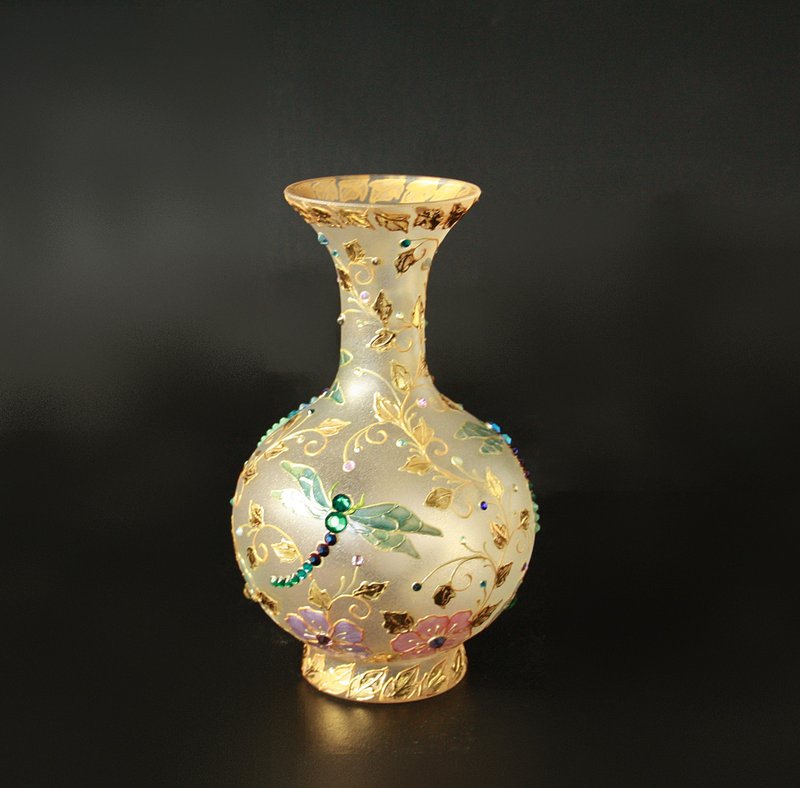Dragonfly Wildflowers Hand-painted Glass Vase Swarovski Crystals - 擺飾/家飾品 - 玻璃 多色
