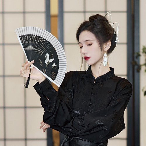 漆黒の長袖シャツ新しい中国風黒航空機袖ジャガードデザイン漢服