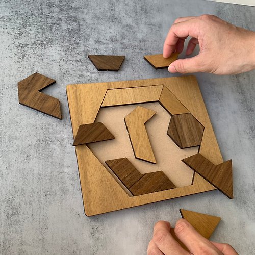 卷木森活館 【手作DIY】六角七巧板 益智遊戲 桌遊 科學 木質 質感 小朋友