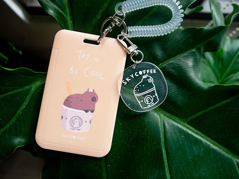 Sliding cover card holder + glue charm Capybara store manager and the ducks having a cup of ice cream [SKYCOFFEE] - ID & Badge Holders - Plastic Orange