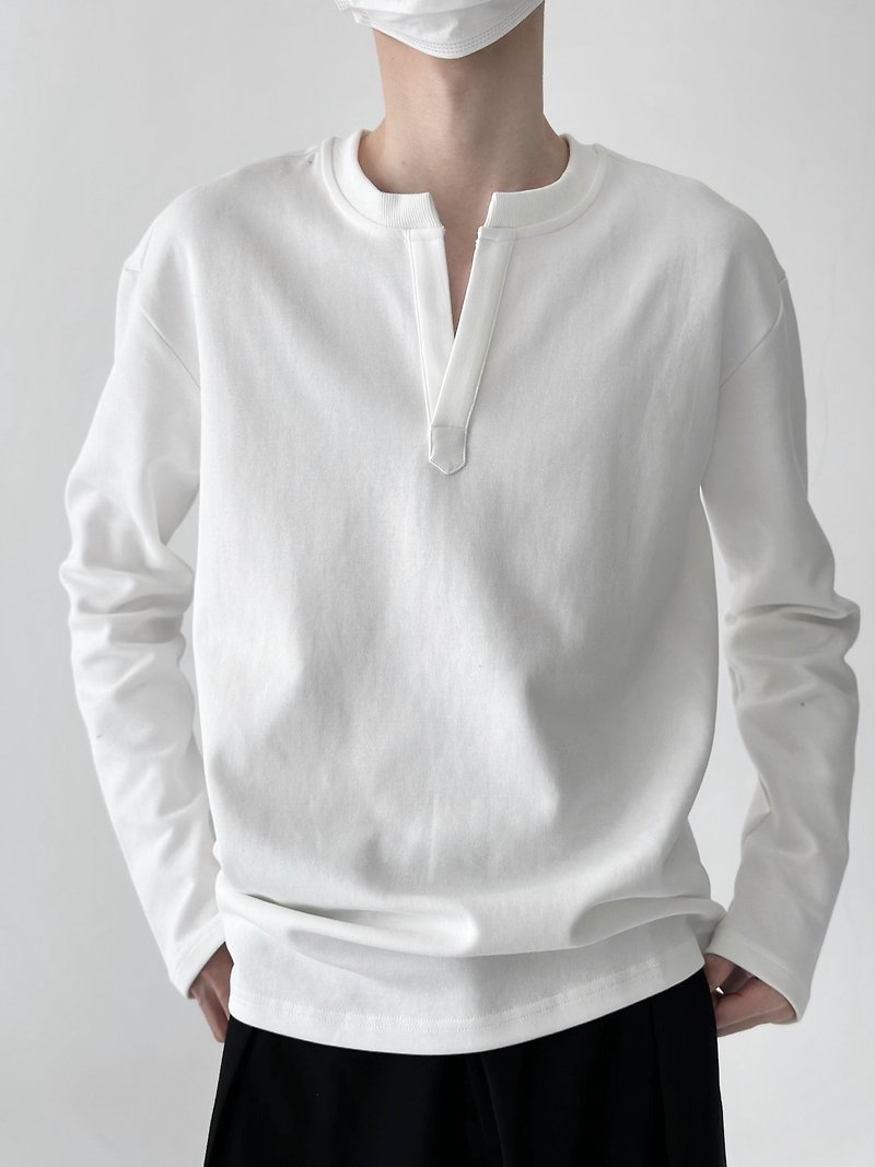 法式極簡 亨利領長袖寬鬆打底衫 - T 恤 - 其他材質 白色