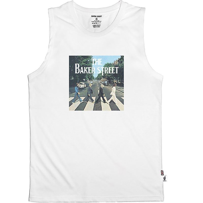 British Fashion Brand -Baker Street- The Beatles Alpaca Printed Tank Top - เสื้อกั๊กผู้ชาย - ผ้าฝ้าย/ผ้าลินิน ขาว