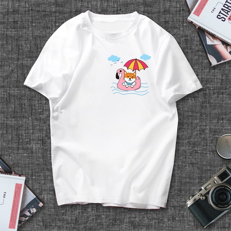 Short-sleeved T-shirt Shiba Inu - เสื้อฮู้ด - ผ้าฝ้าย/ผ้าลินิน ขาว