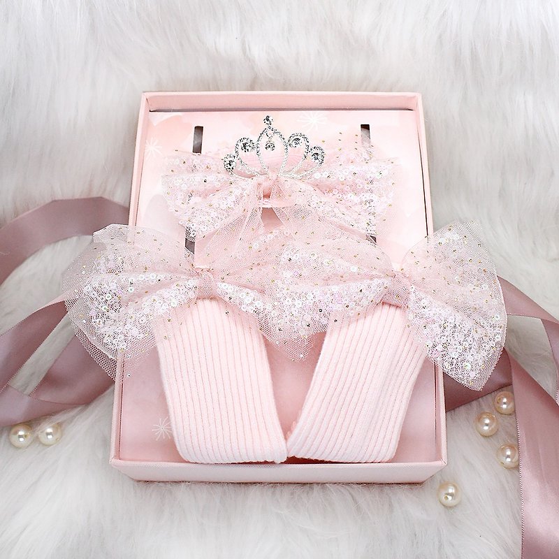 /Newborn. Miyue. Receiving salivation gifts/Madeleine yarn bow socks + crown hair accessories combination (pink) - Baby Socks - Polyester Pink