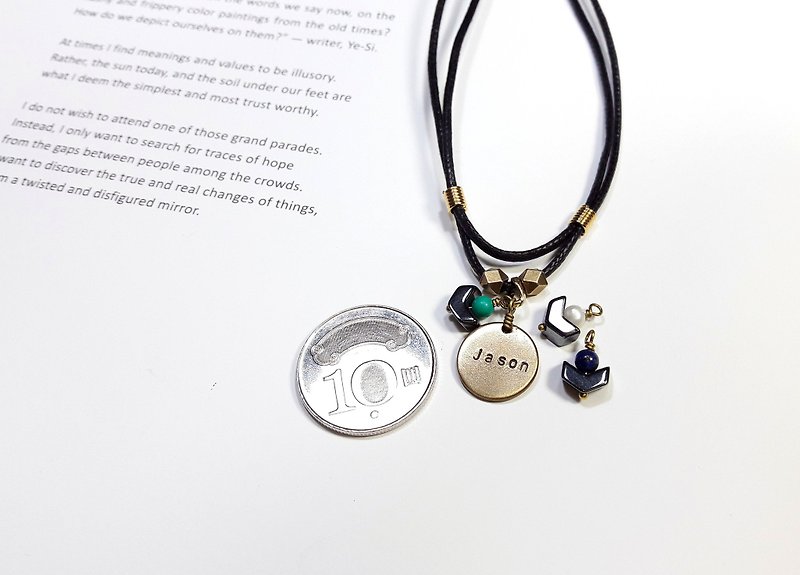 necklace. Customized lettering Bronze double leather cord black gall Stone pendant necklace [men] Valentine's Day / Christmas - สร้อยคอ - หนังเทียม 
