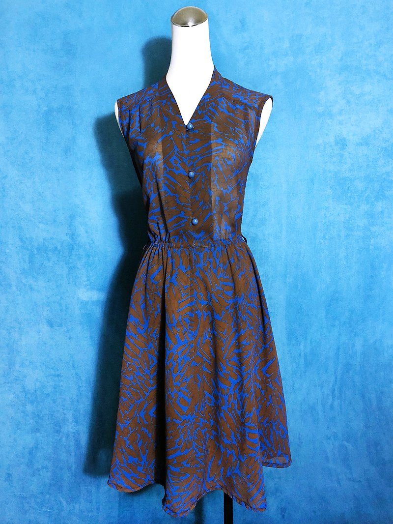 藝術圖騰無袖古著洋裝 / 國外帶回 VINTAGE - 連身裙 - 聚酯纖維 藍色
